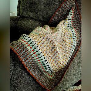 Lap/baby blanket 34”x34” handcrafted. Easy care neutral tones grey